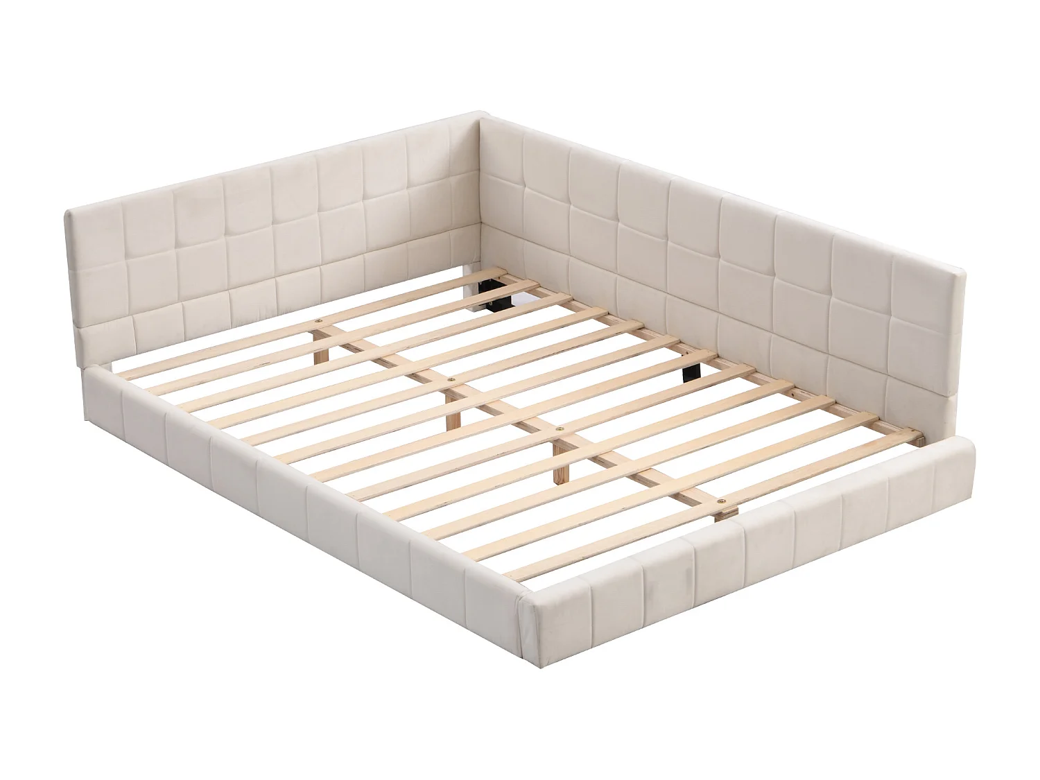Lit banquette 140x200 cm, velours beige, lit adulte avec sommier à lattes en bois - sans matelas