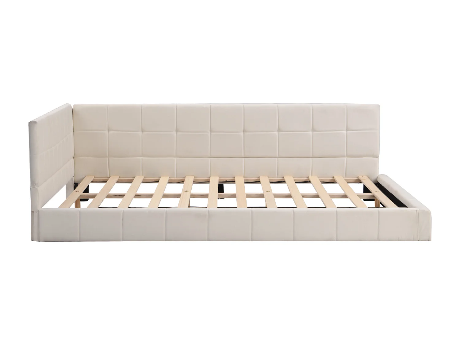 Lit banquette 140x200 cm, velours beige, lit adulte avec sommier à lattes en bois - sans matelas
