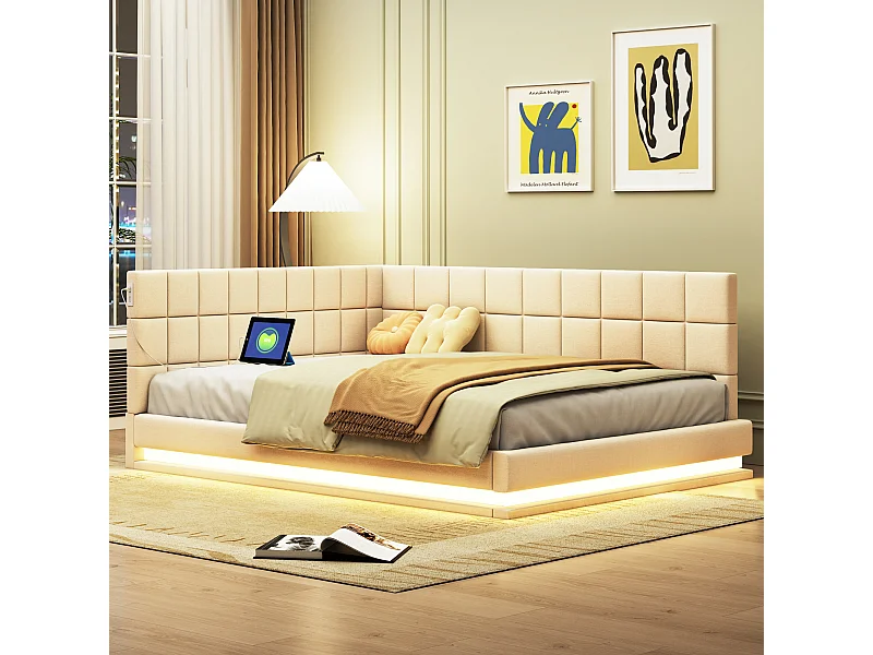 Lit banquette 140x200 cm, velours beige, lit adulte avec éclairage LED et port USB, sommier à lattes - sans matelas