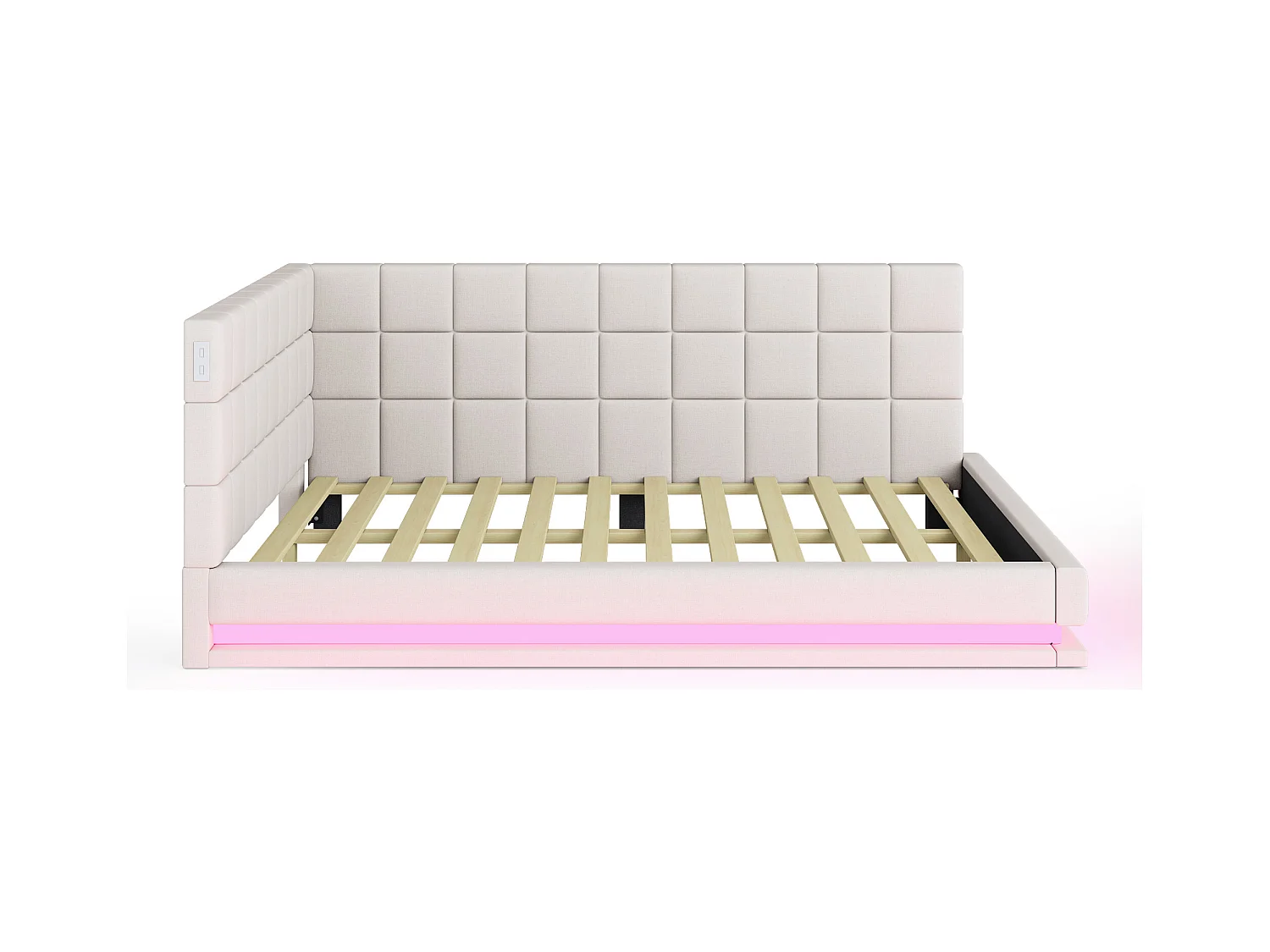 Divano letto 160x200 cm, velluto beige, letto matrimoniale con illuminazione a LED e porta USB, rete a doghe - senza materasso