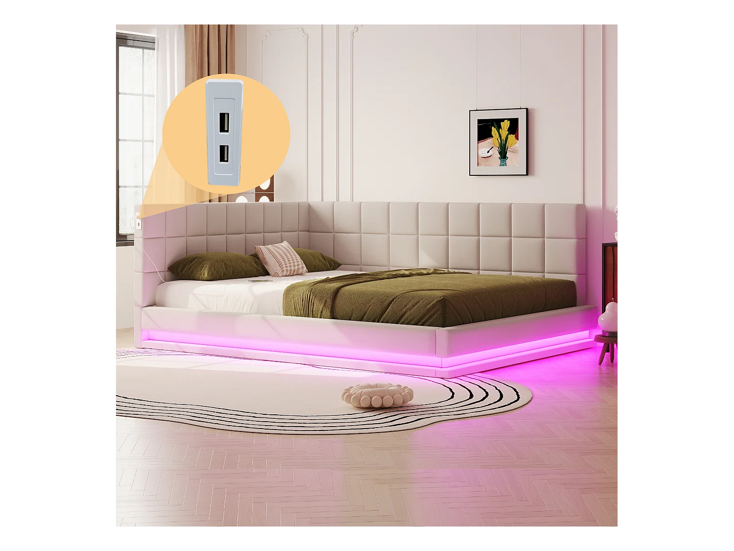 Lit banquette 160x200 cm, velours beige, lit double avec éclairage LED et port USB, sommier à lattes - sans matelas