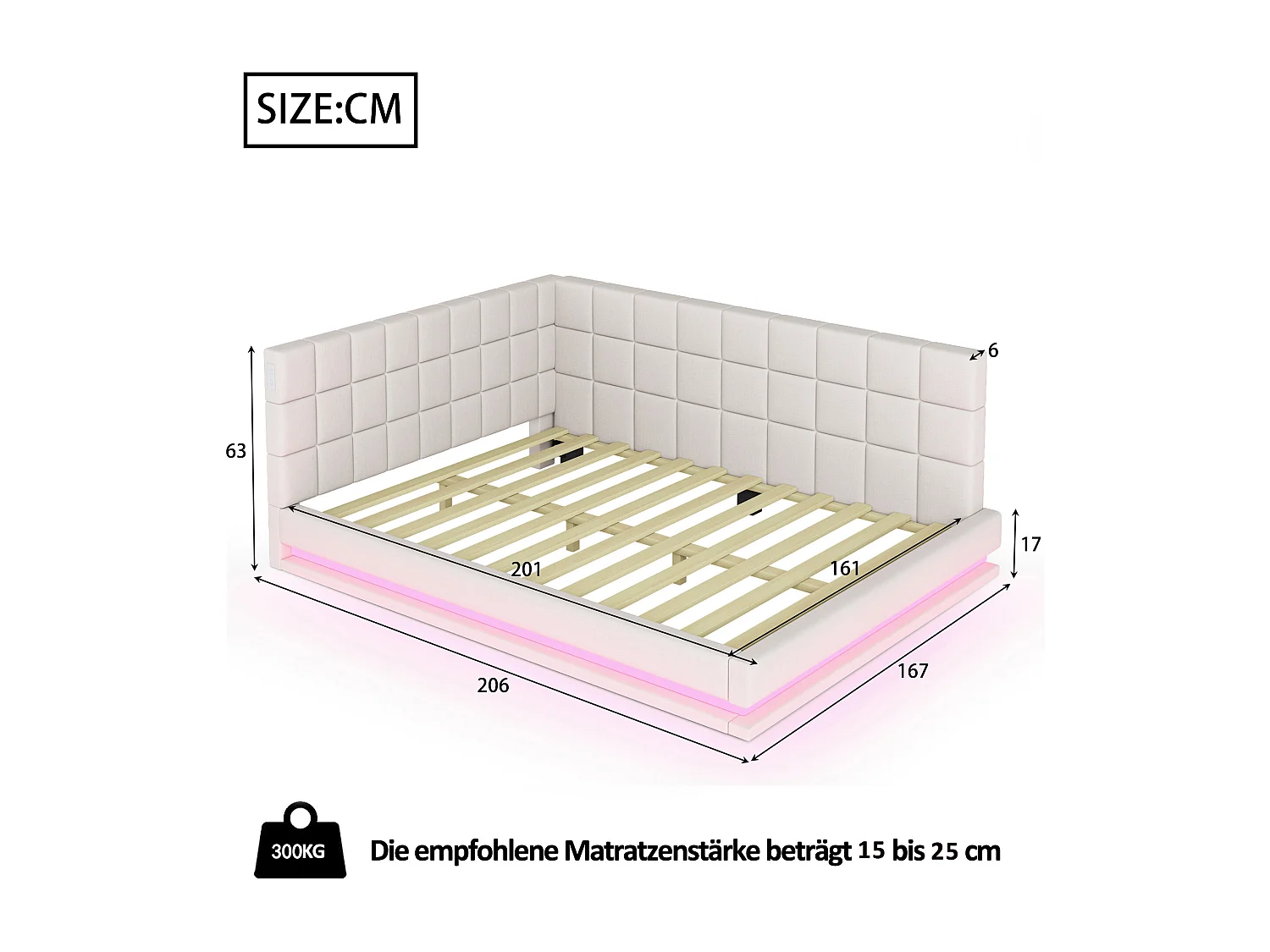 Lit banquette 160x200 cm, velours beige, lit double avec éclairage LED et port USB, sommier à lattes - sans matelas