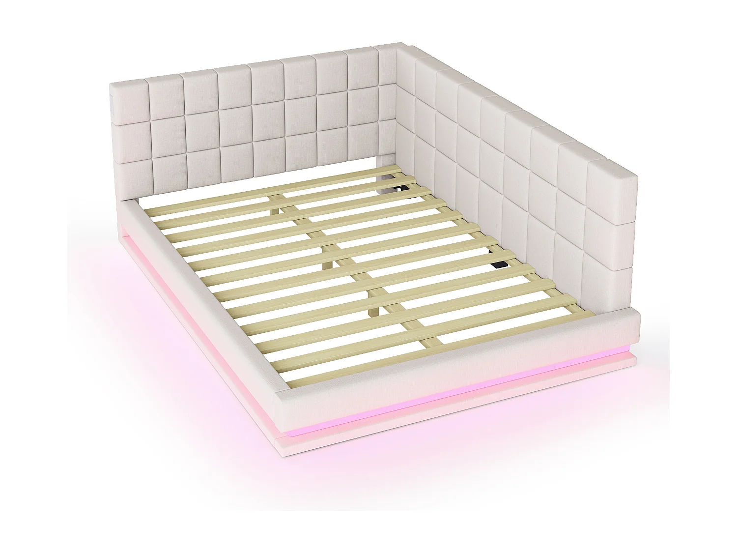 Lit banquette 160x200 cm, velours beige, lit double avec éclairage LED et port USB, sommier à lattes - sans matelas