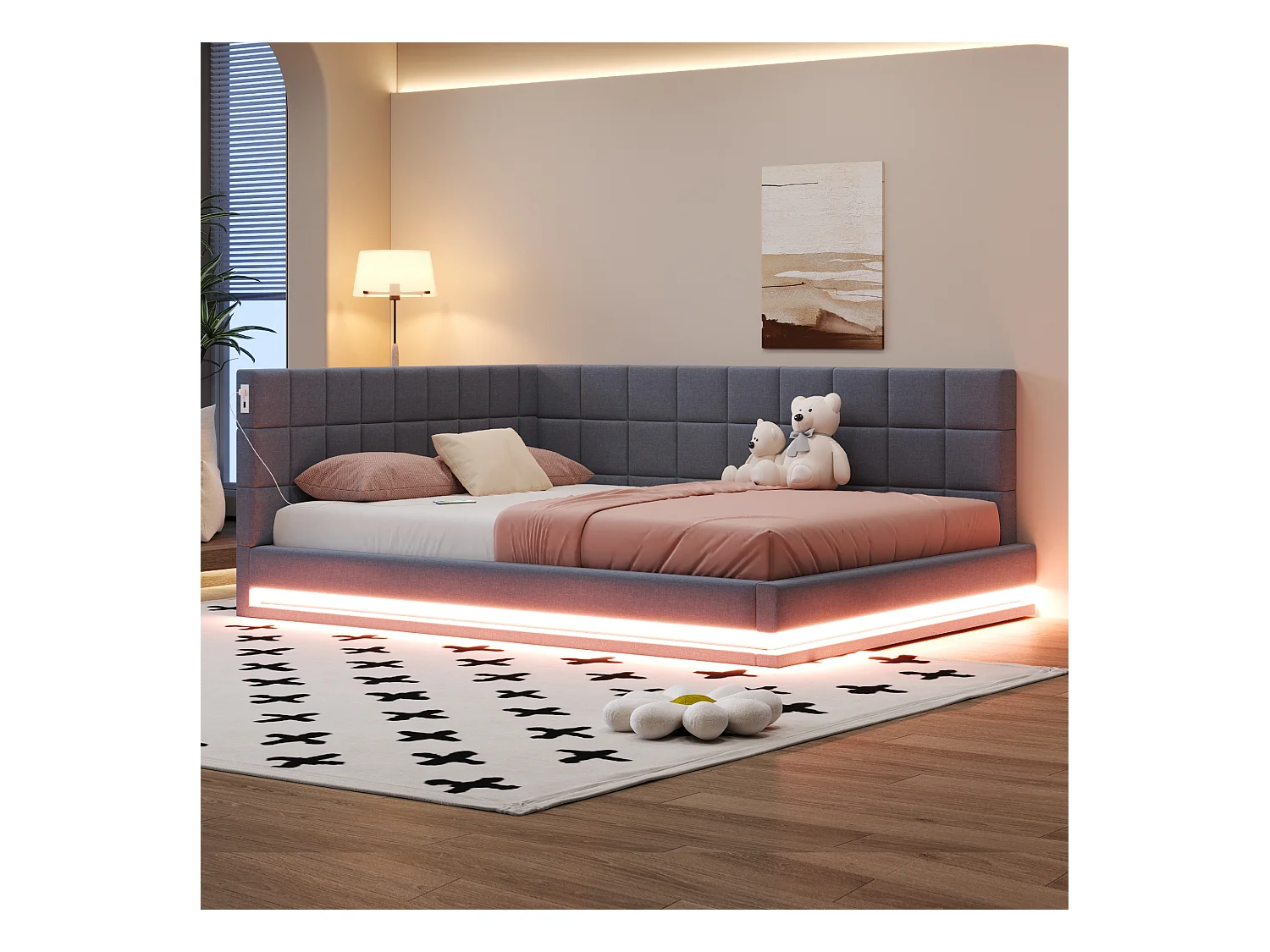 Slaapbank 160x200 cm, grijs fluweel, tweepersoonsbed met ledverlichting en USB-aansluiting, lattenbodem - zonder matras