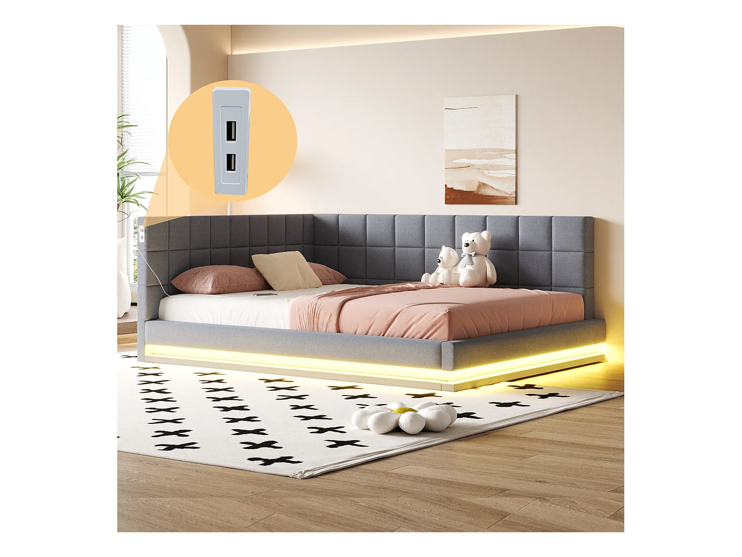 Lit banquette 160x200 cm, velours gris, lit double avec éclairage LED et port USB, sommier à lattes - sans matelas