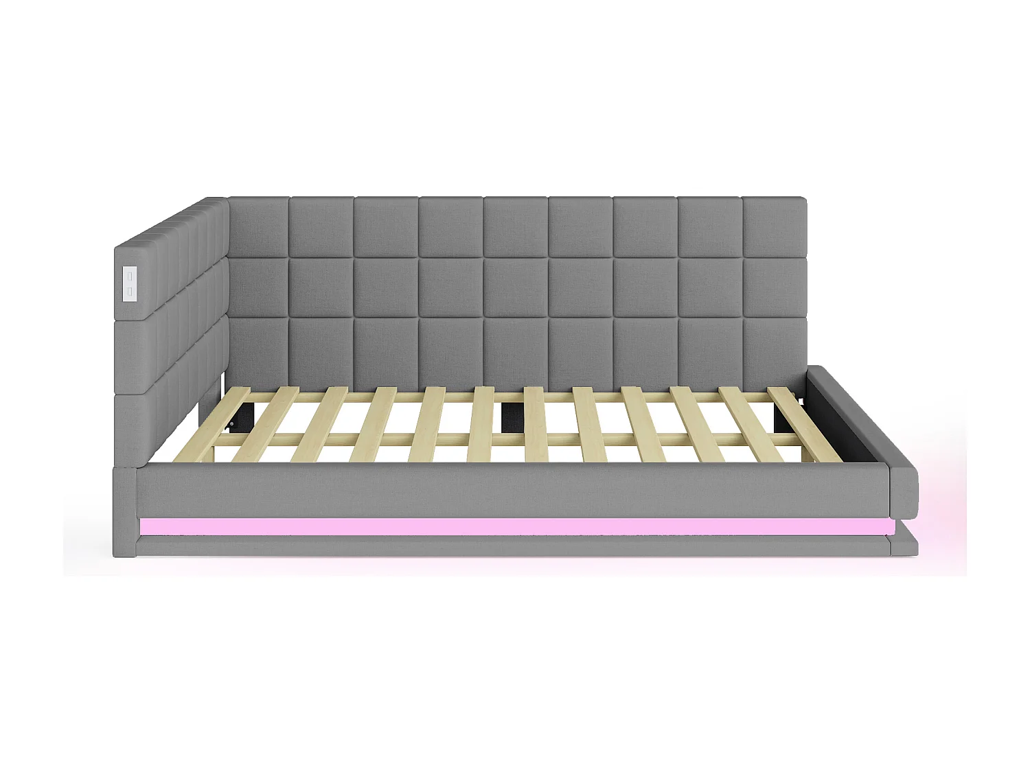 Lit banquette 160x200 cm, velours gris, lit double avec éclairage LED et port USB, sommier à lattes - sans matelas