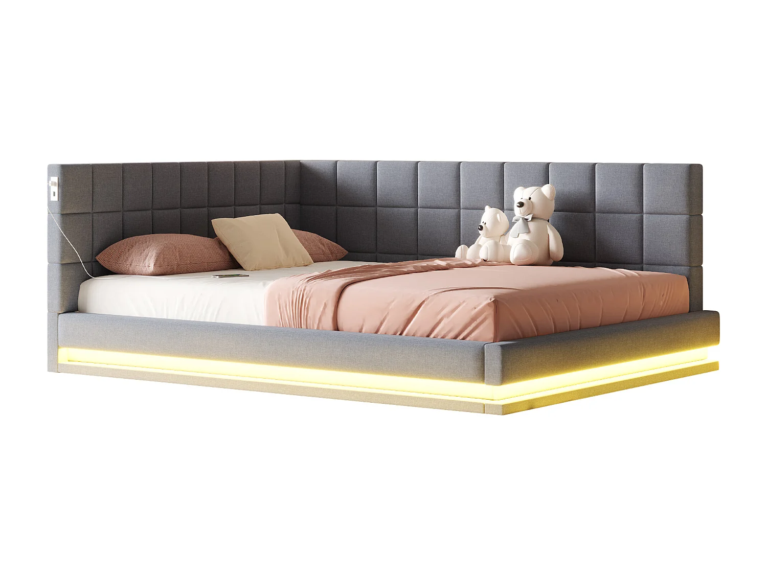 Lit banquette 160x200 cm, velours gris, lit double avec éclairage LED et port USB, sommier à lattes - sans matelas