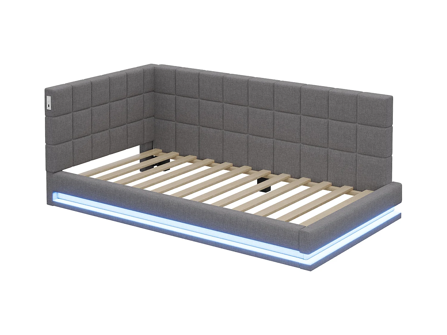 Divano letto 90x200 cm, velluto grigio, letto per bambini con illuminazione a LED e porta USB, rete a doghe - senza materasso