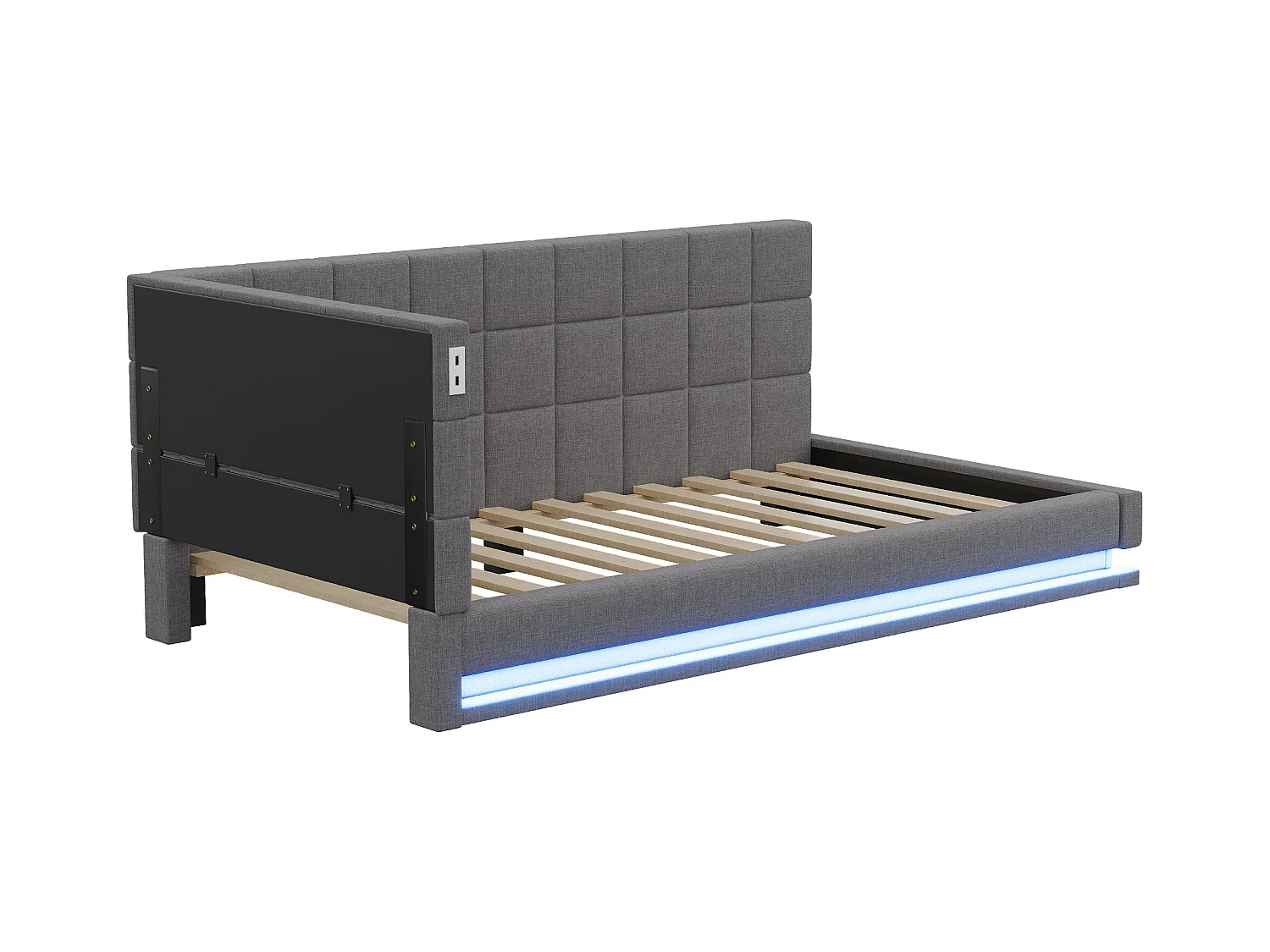 Divano letto 90x200 cm, velluto grigio, letto per bambini con illuminazione a LED e porta USB, rete a doghe - senza materasso