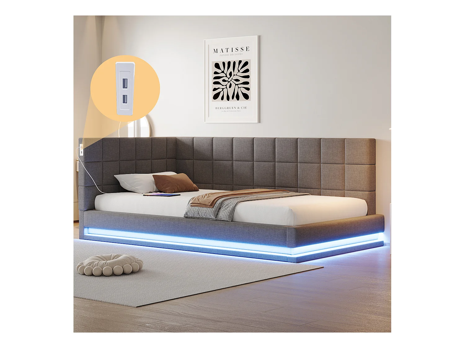 Lit banquette 90x200 cm, velours gris, lit enfants avec éclairage LED et port USB, sommier à lattes - sans matelas