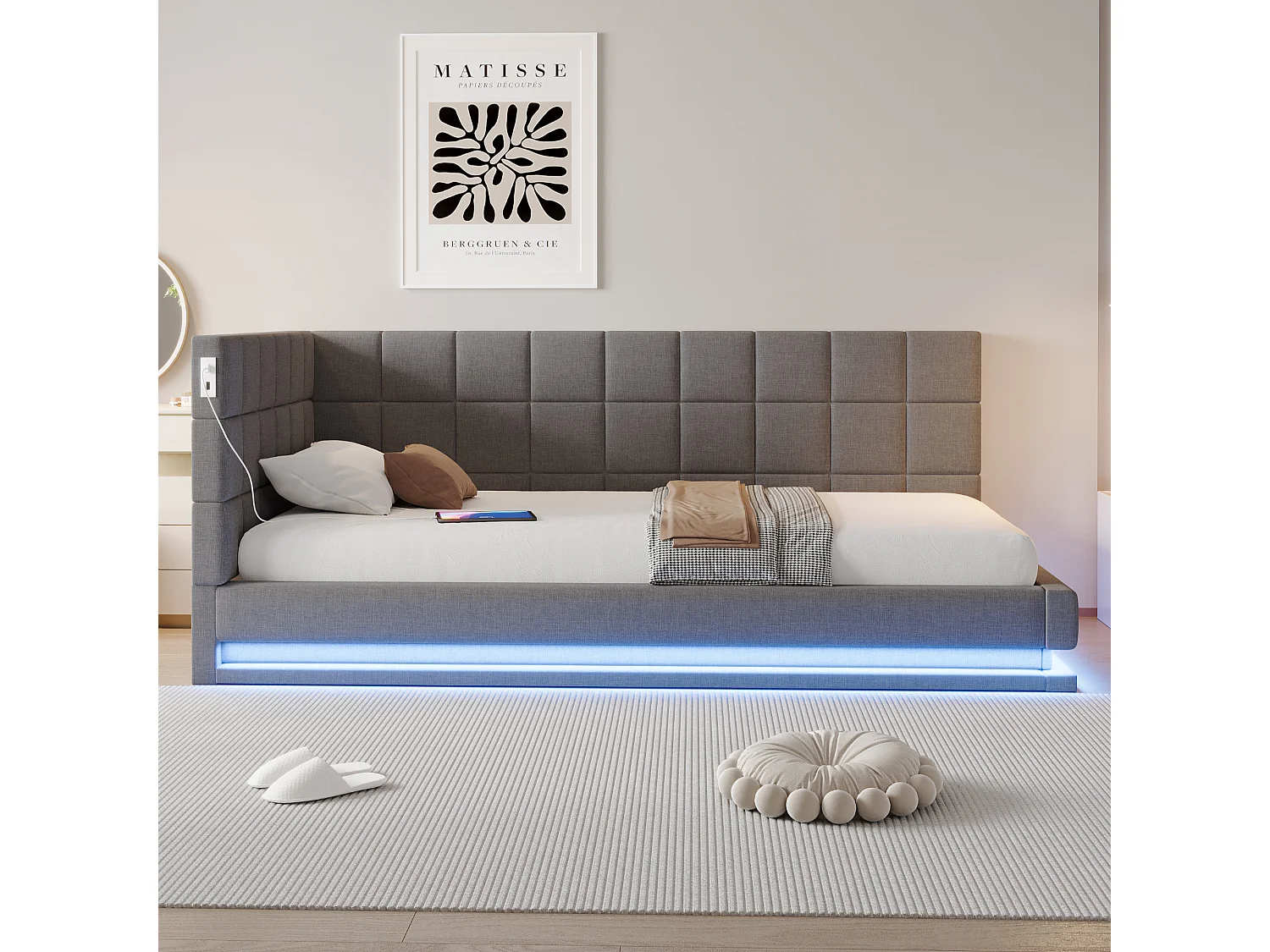 Lit banquette 90x200 cm, velours gris, lit enfants avec éclairage LED et port USB, sommier à lattes - sans matelas
