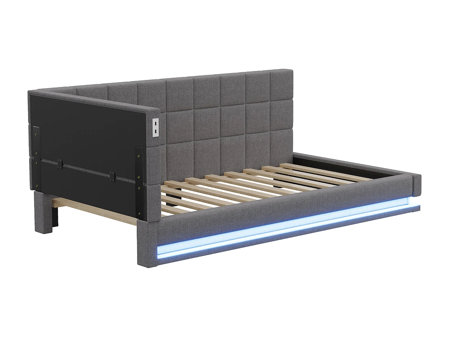 Lit banquette 90x200 cm, velours gris, lit enfants avec éclairage LED et port USB, sommier à lattes - sans matelas