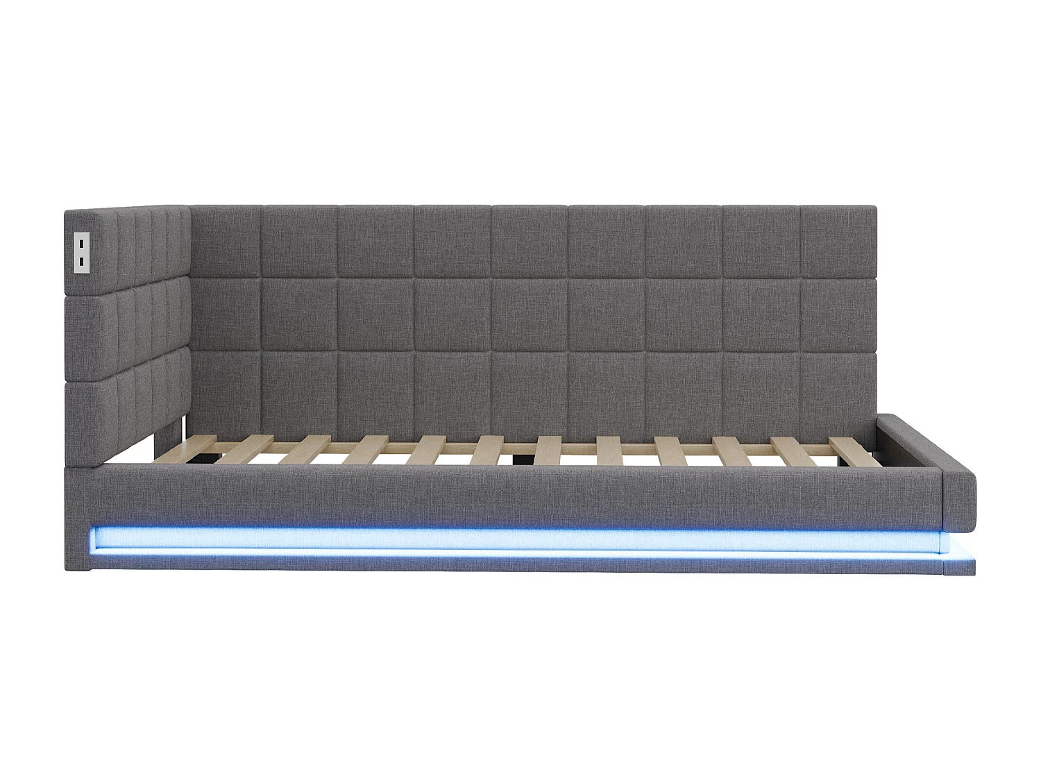 Lit banquette 90x200 cm, velours gris, lit enfants avec éclairage LED et port USB, sommier à lattes - sans matelas