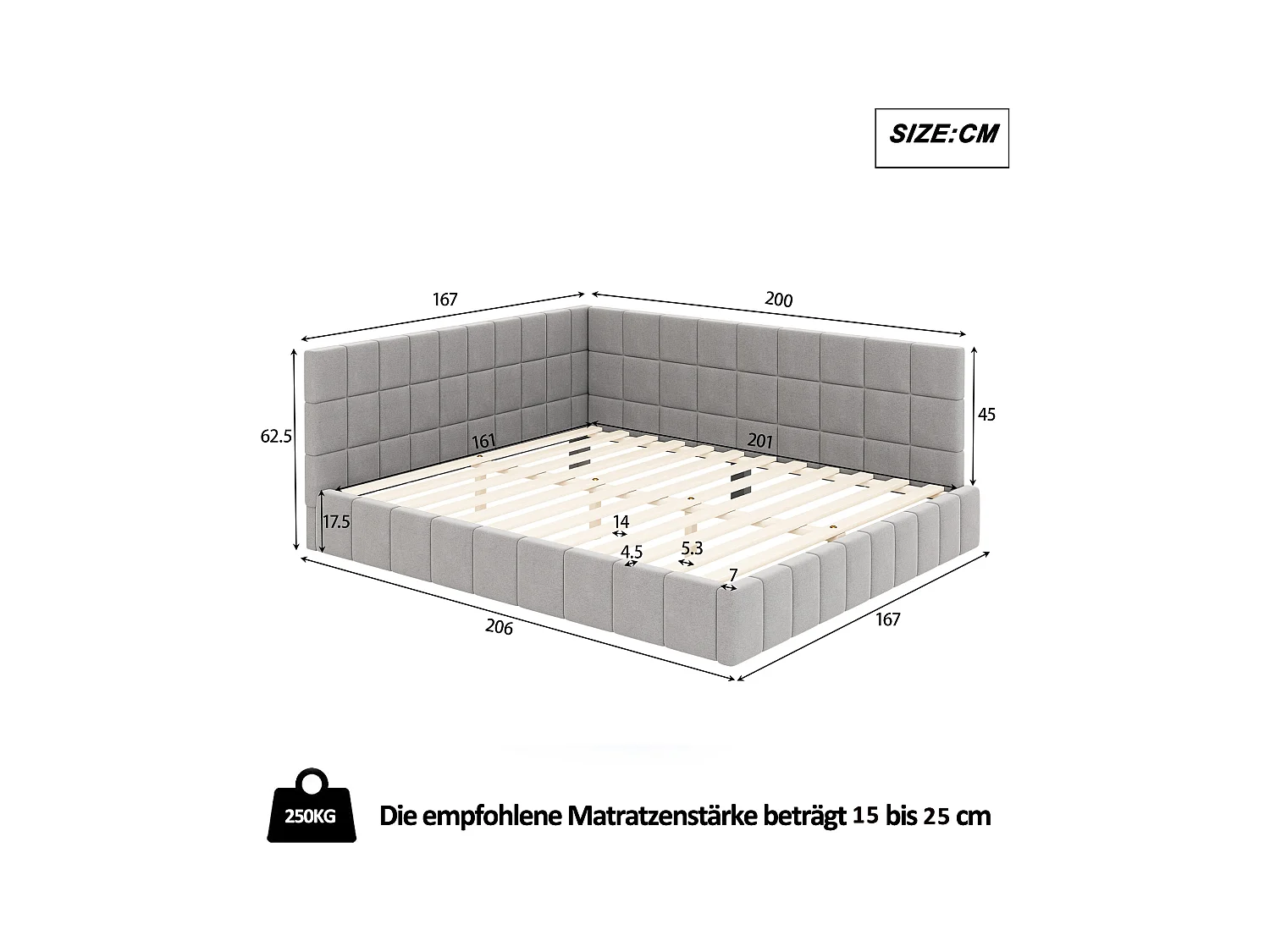 Lit banquette 160x200 cm, velours gris, lit double avec sommier à lattes en bois - sans matelas