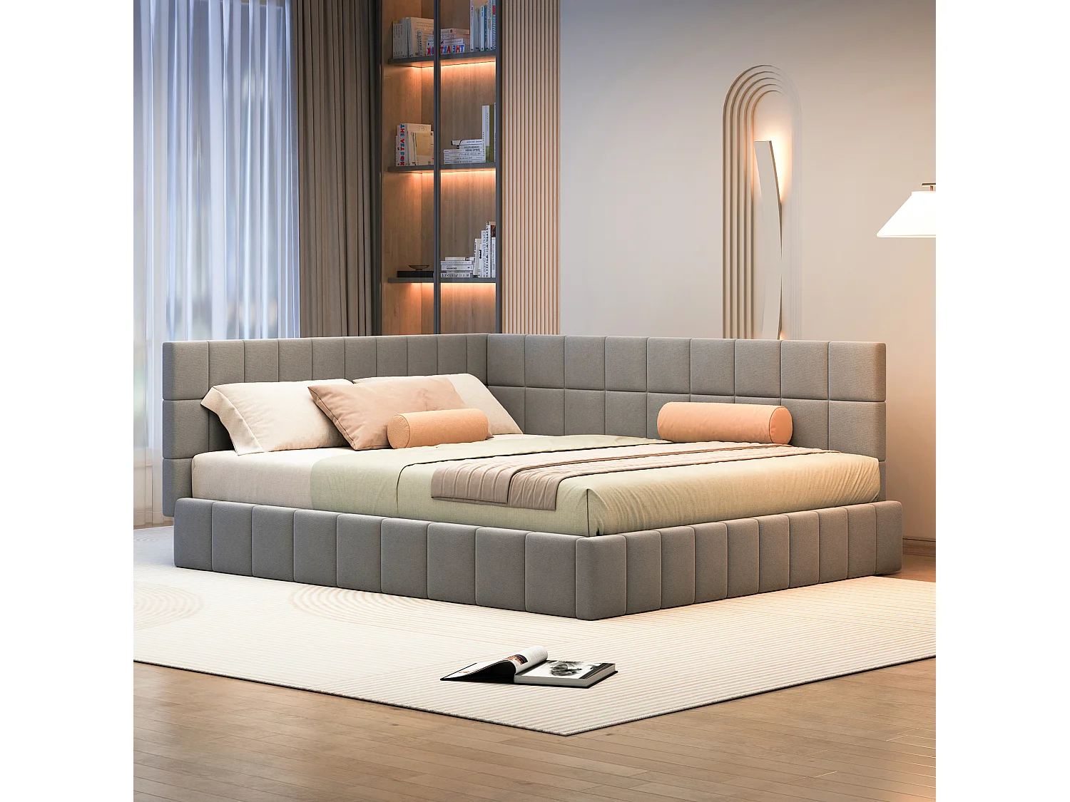 Lit banquette 160x200 cm, velours gris, lit double avec sommier à lattes en bois - sans matelas