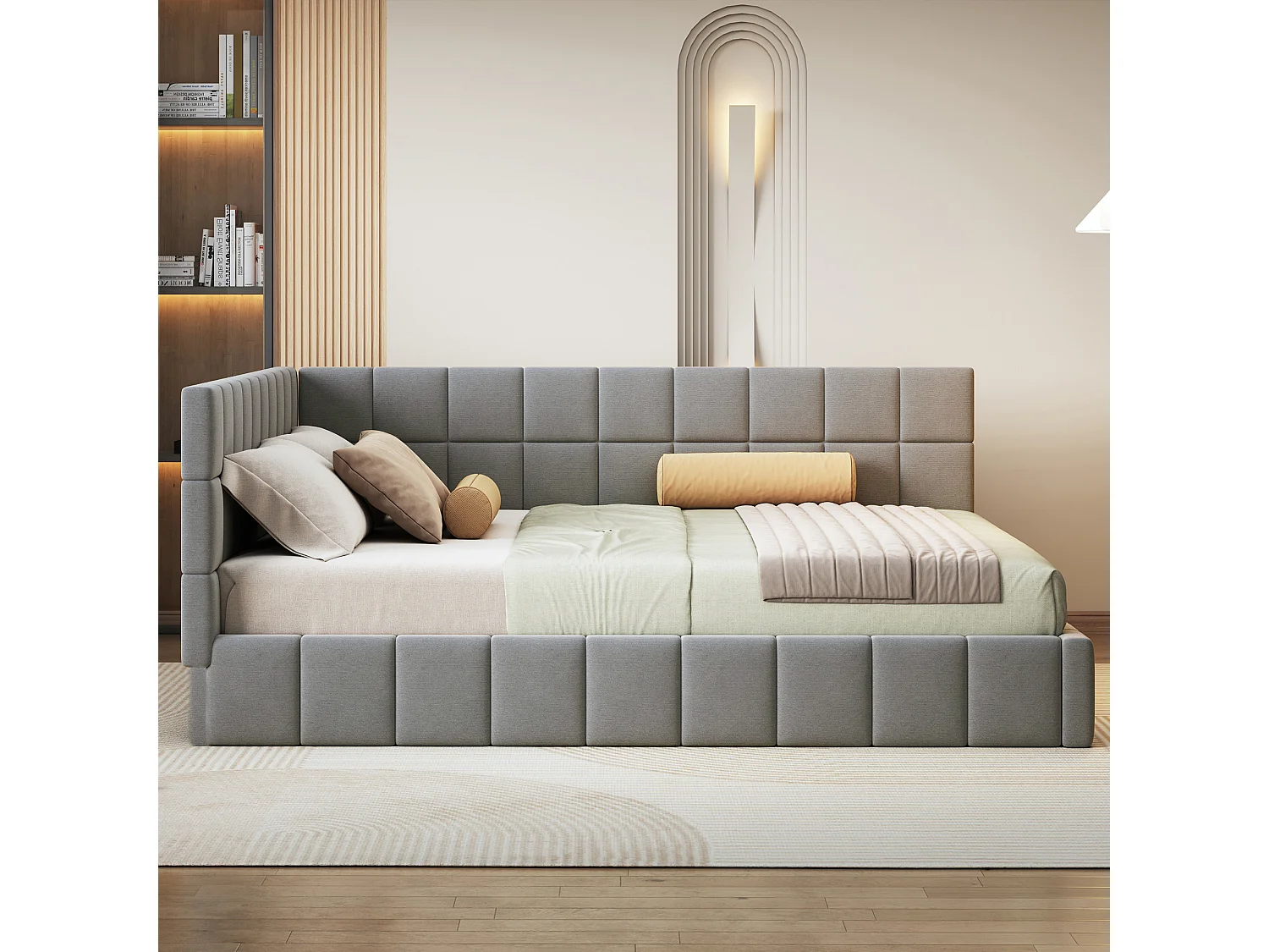 Lit banquette 160x200 cm, velours gris, lit double avec sommier à lattes en bois - sans matelas