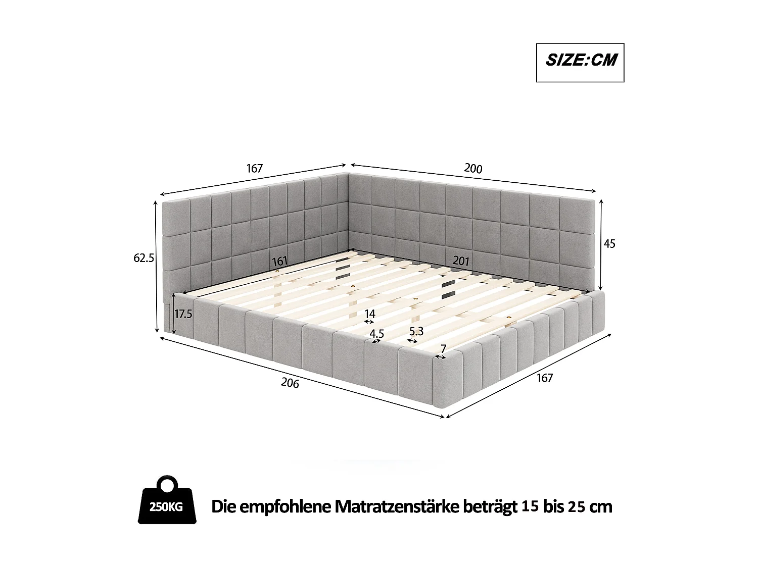 Lit banquette 160x200 cm, velours gris, lit double avec sommier à lattes en bois - sans matelas