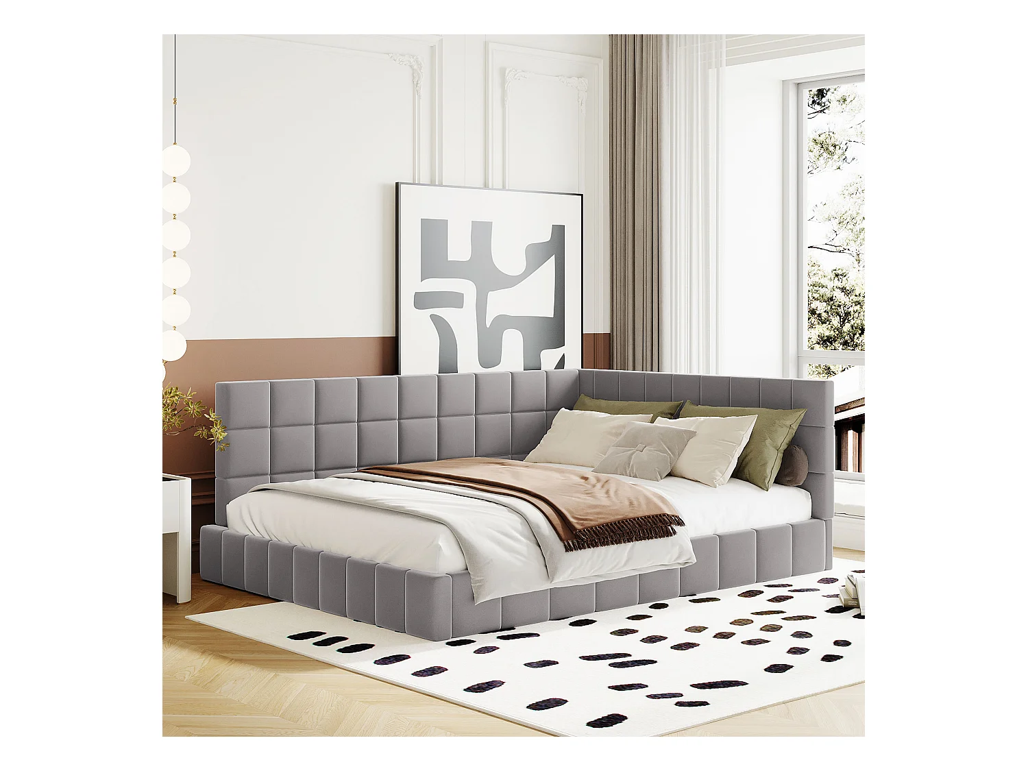 Lit banquette 140x200 cm, velours gris, lit adulte avec sommier à lattes en bois - sans matelas