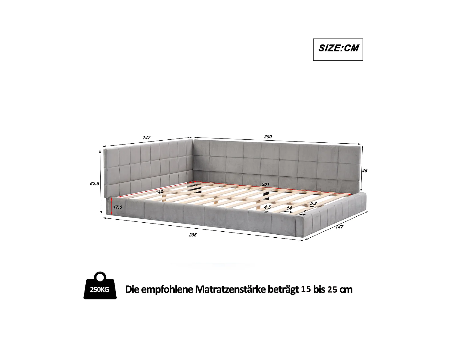 Lit banquette 140x200 cm, velours gris, lit adulte avec sommier à lattes en bois - sans matelas