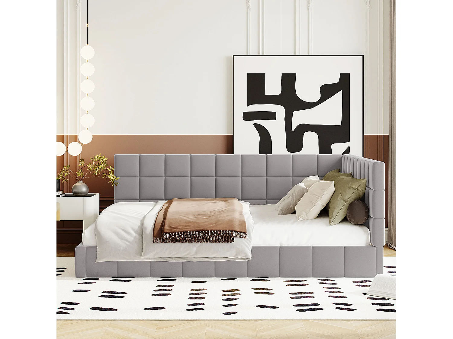 Lit banquette 140x200 cm, velours gris, lit adulte avec sommier à lattes en bois - sans matelas