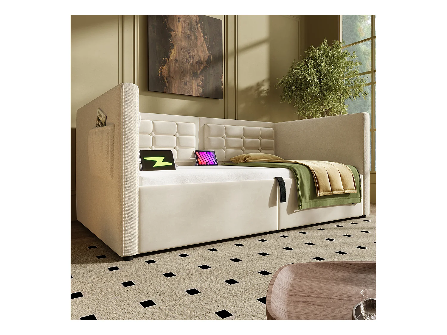 Sofa rozkładana 90x200 cm, beżowy aksamit, Łóżko ze schowkiem i portem USB/Typ-C, drewniany stelaż - bez materaca