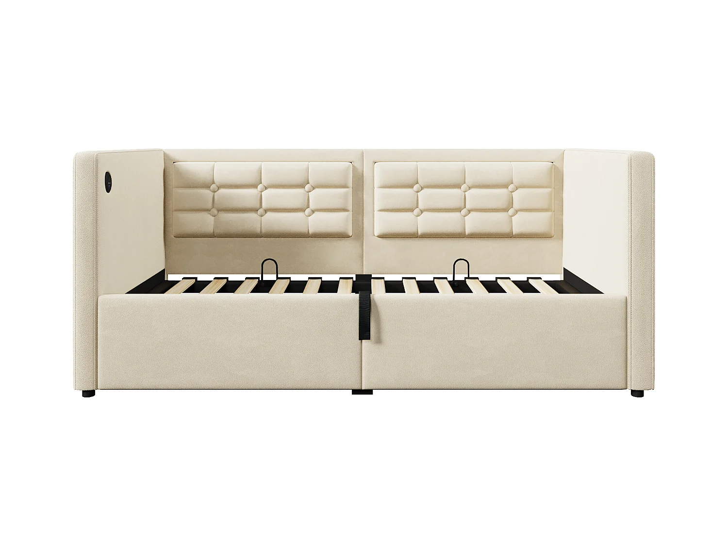 Sofa rozkładana 90x200 cm, beżowy aksamit, Łóżko ze schowkiem i portem USB/Typ-C, drewniany stelaż - bez materaca