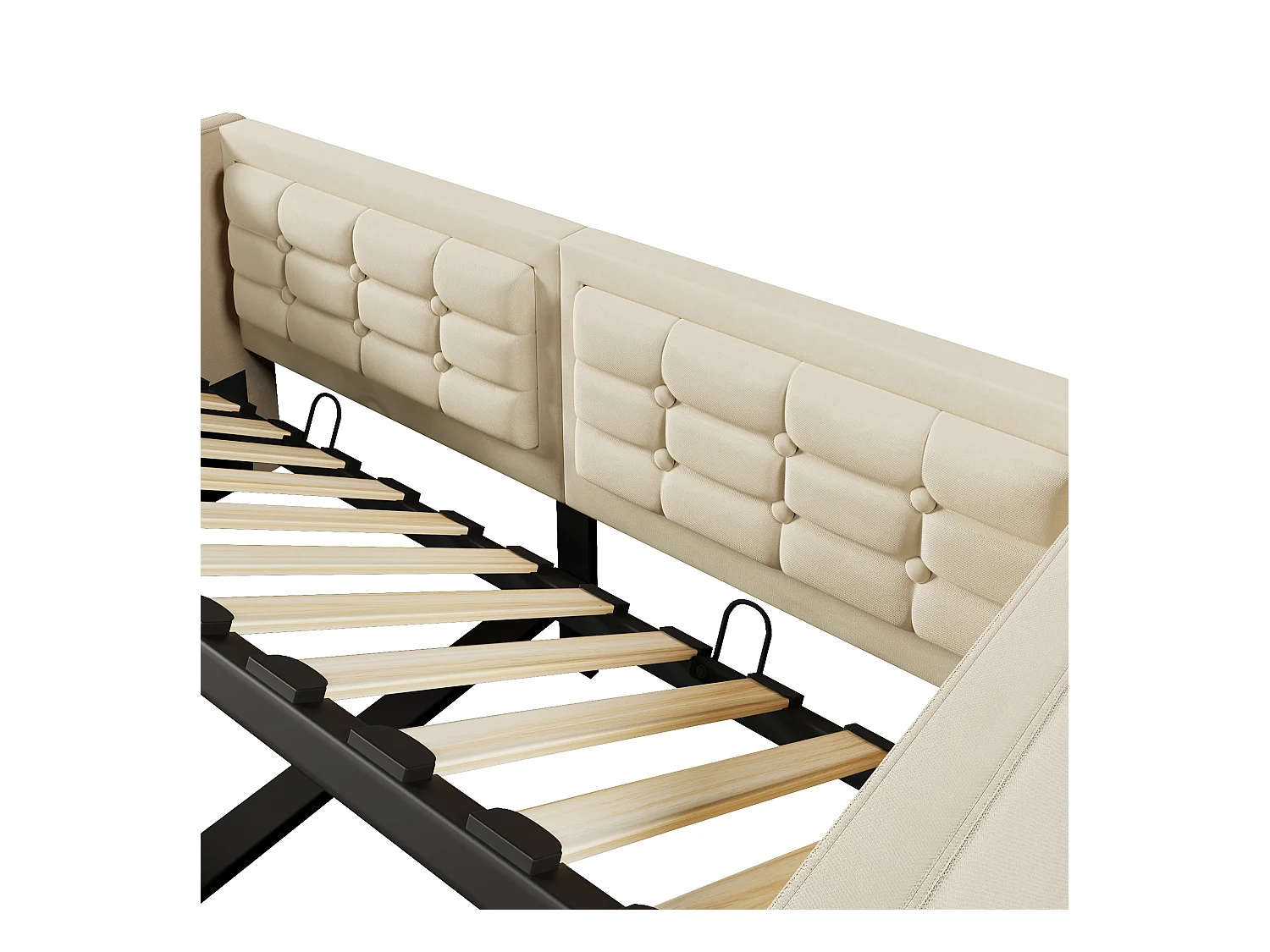 Sofa rozkładana 90x200 cm, beżowy aksamit, Łóżko ze schowkiem i portem USB/Typ-C, drewniany stelaż - bez materaca