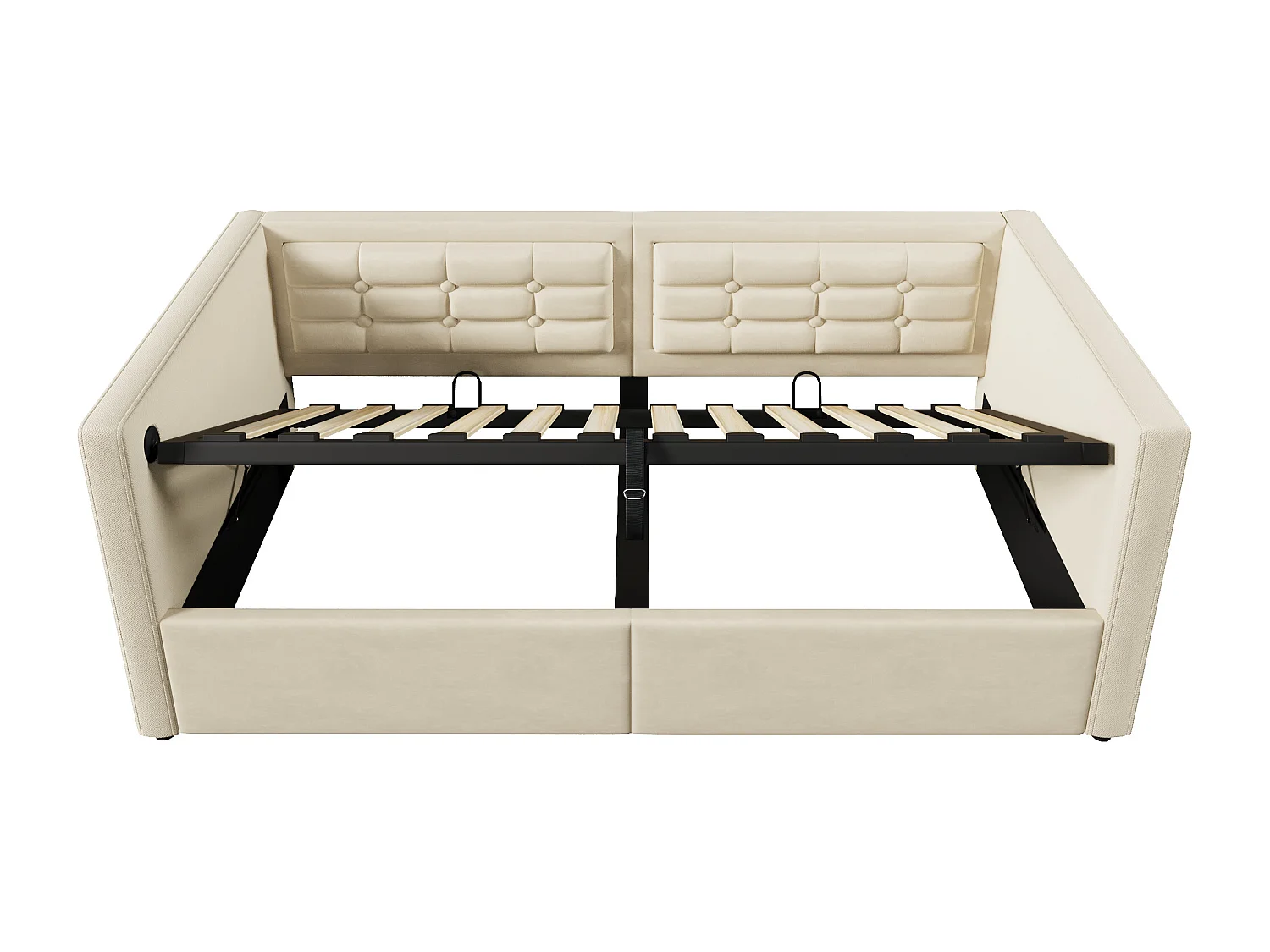 Lit banquette 90x200 cm, velours beige, lit coffre avec port USB/Type-C, sommier à lattes en bois - sans matelas