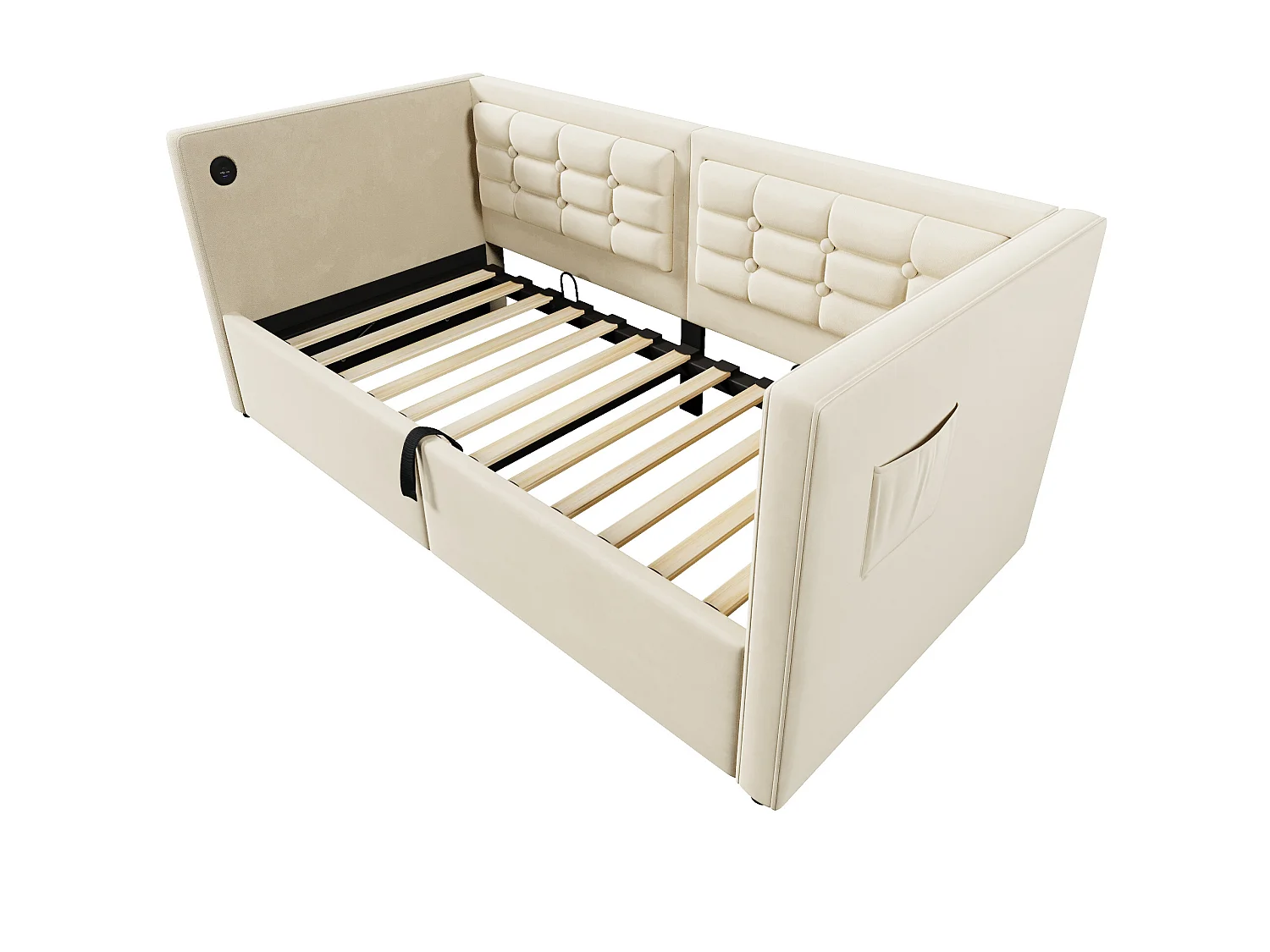 Lit banquette 90x200 cm, velours beige, lit coffre avec port USB/Type-C, sommier à lattes en bois - sans matelas