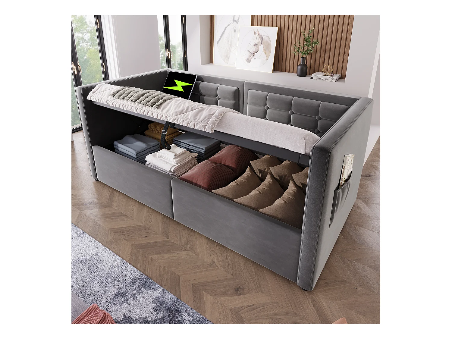 Lit banquette 90x200 cm, velours gris, lit coffre avec port USB/Type-C, sommier à lattes en bois - sans matelas