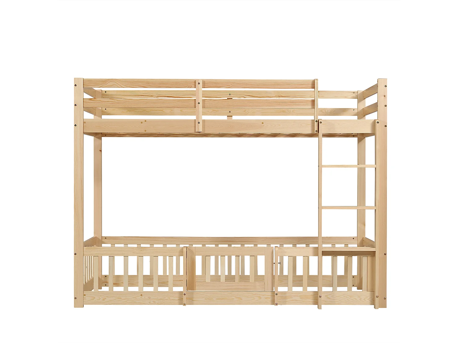 Łóżko piętrowe 90x200 cm, sosna, łóżko dziecięce z barierką, drabinką i drzwiczkami - naturalne