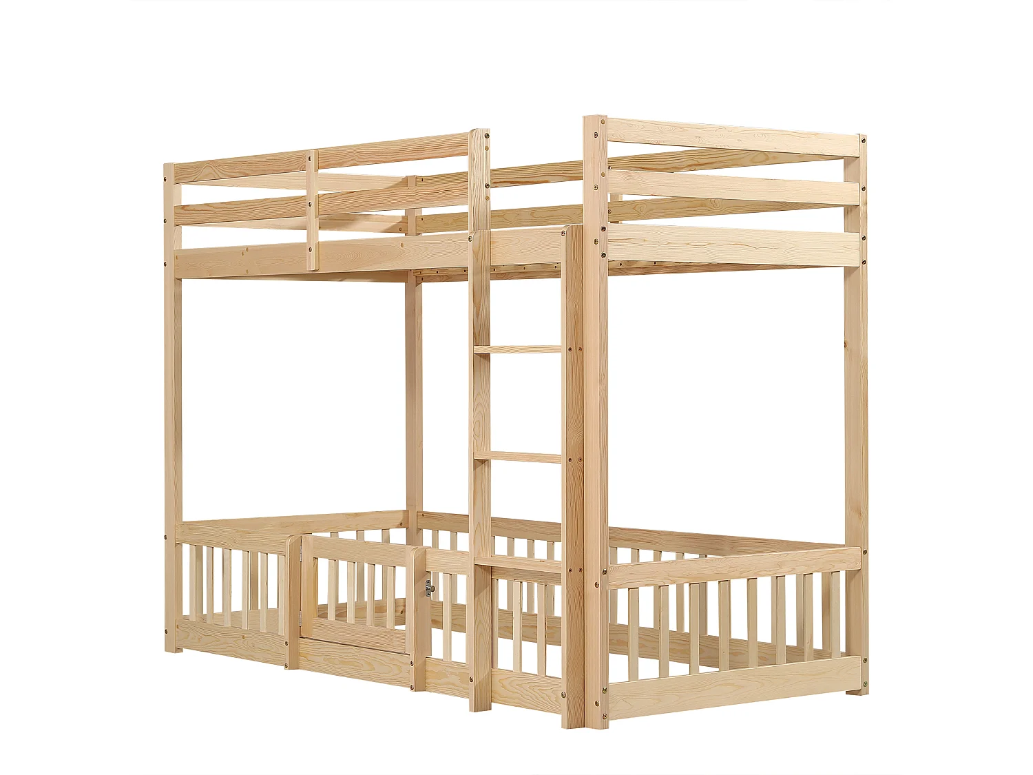 Łóżko piętrowe 90x200 cm, sosna, łóżko dziecięce z barierką, drabinką i drzwiczkami - naturalne