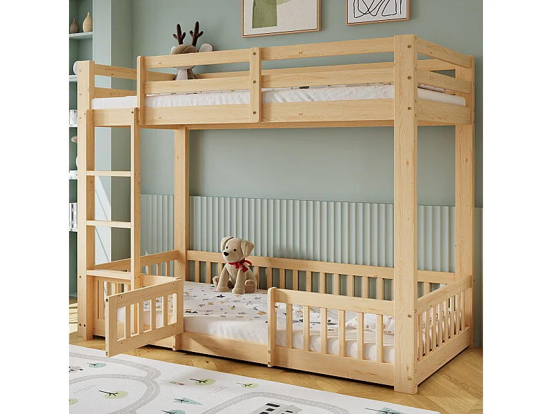 Letto a castello 90x200 cm, pino, letto per bambini con sponda di sicurezza, scaletta e porta - naturale