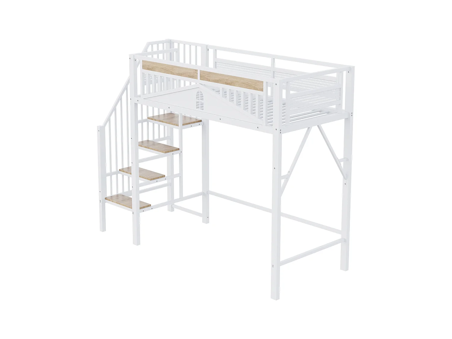 Letto a soppalco 90x200 cm, bianco, letto per ragazzi con scaletta e spondina - struttura in metallo