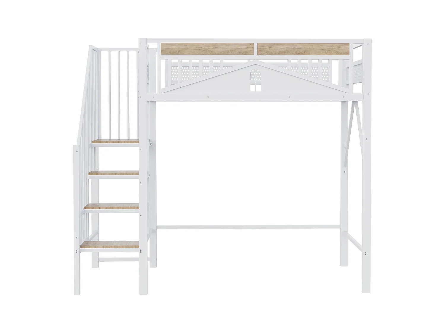 Letto a soppalco 90x200 cm, bianco, letto per ragazzi con scaletta e spondina - struttura in metallo