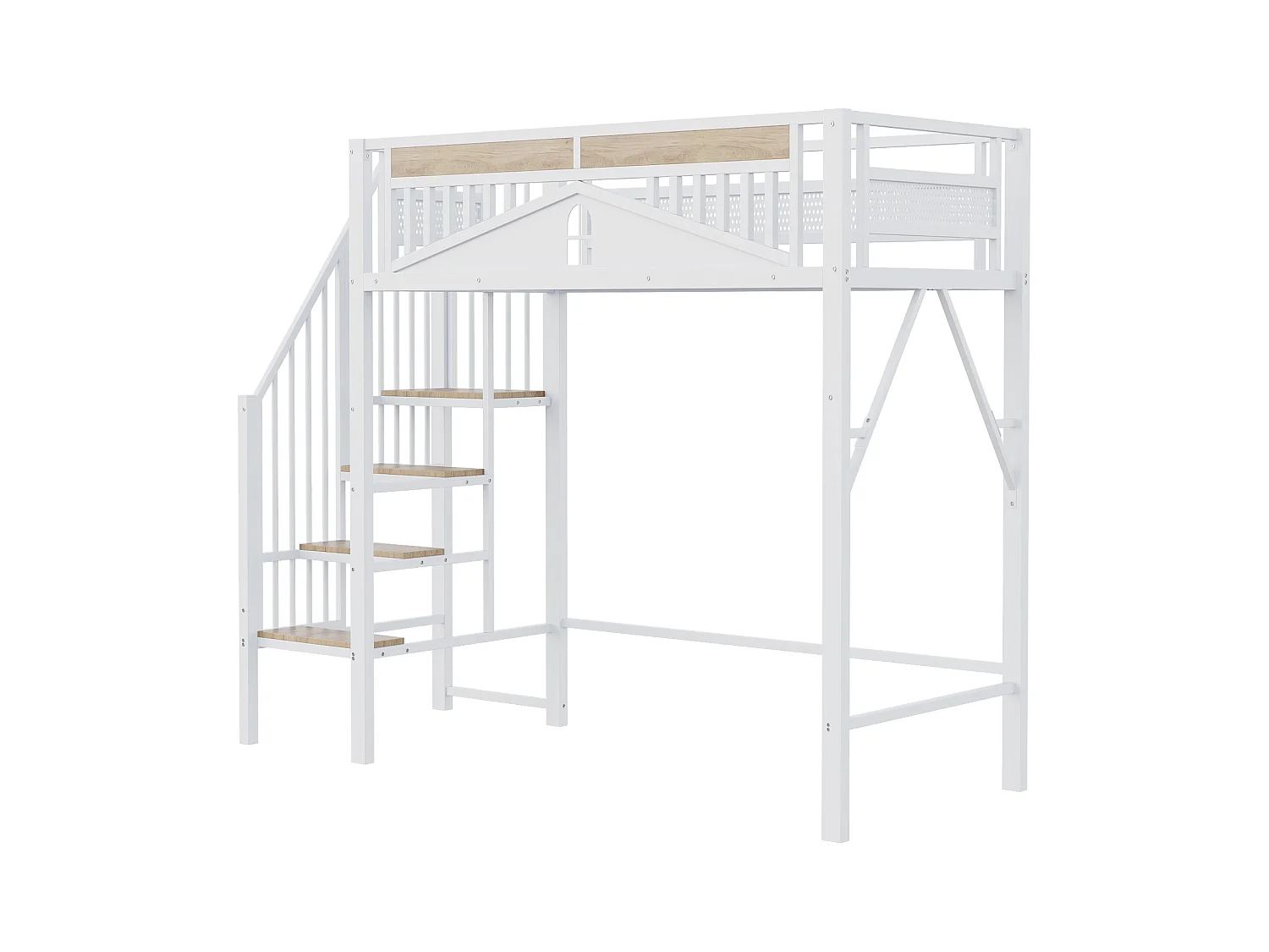 Letto a soppalco 90x200 cm, bianco, letto per ragazzi con scaletta e spondina - struttura in metallo