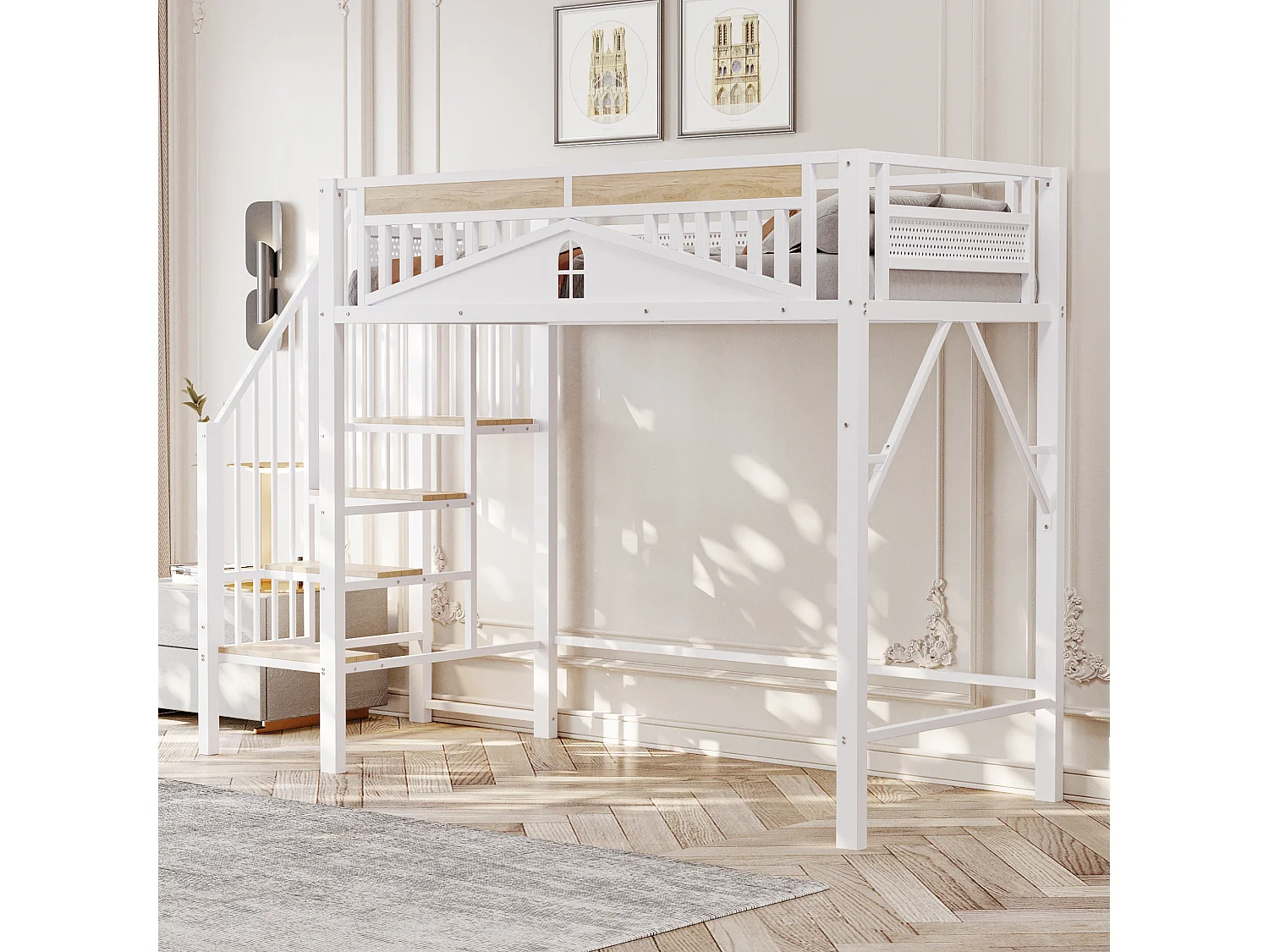 Lit mezzanine 90x200 cm, blanc, lit ado avec escalier et garde-corps, structure en métal