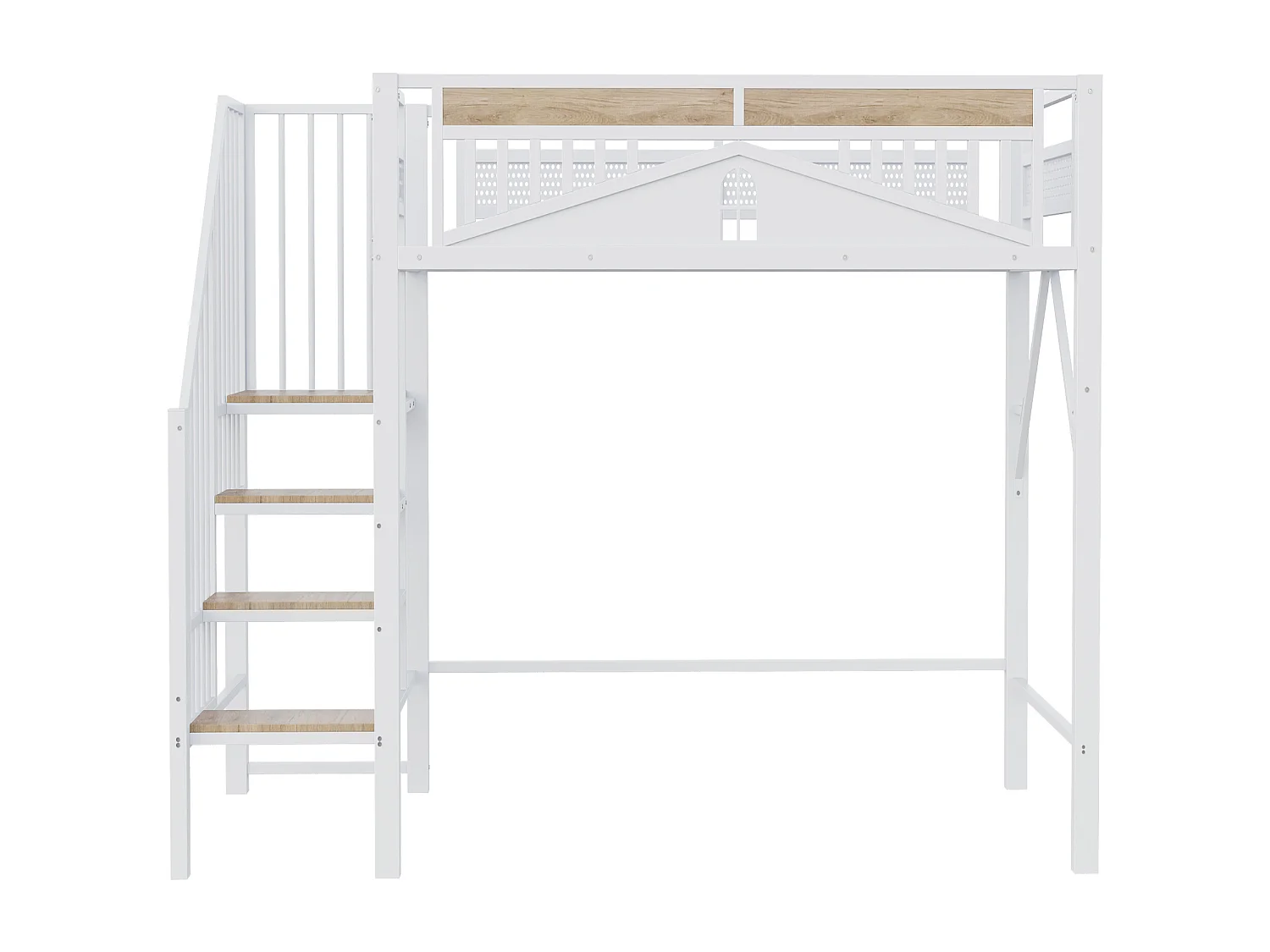 Lit mezzanine 90x200 cm, blanc, lit ado avec escalier et garde-corps, structure en métal