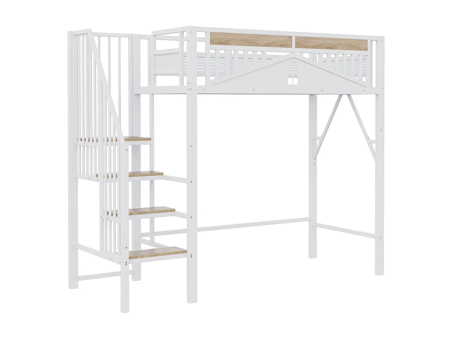 Lit mezzanine 90x200 cm, blanc, lit ado avec escalier et garde-corps, structure en métal