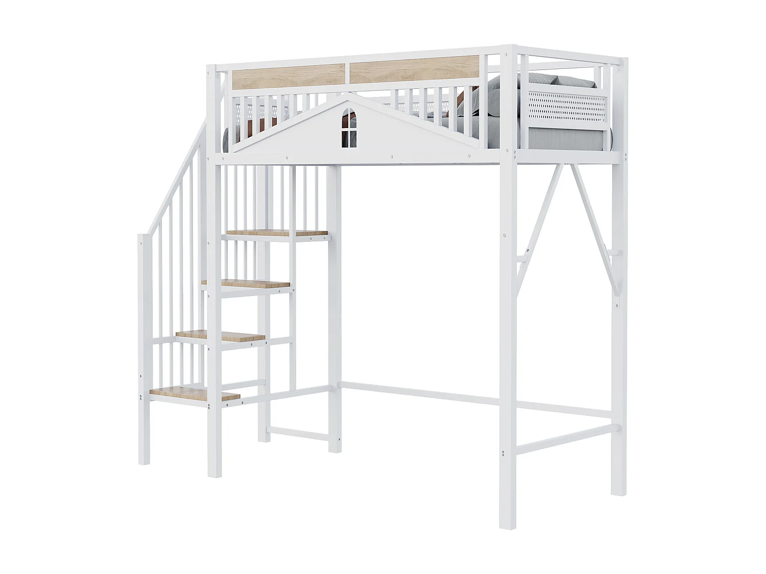 Lit mezzanine 90x200 cm, blanc, lit ado avec escalier et garde-corps, structure en métal