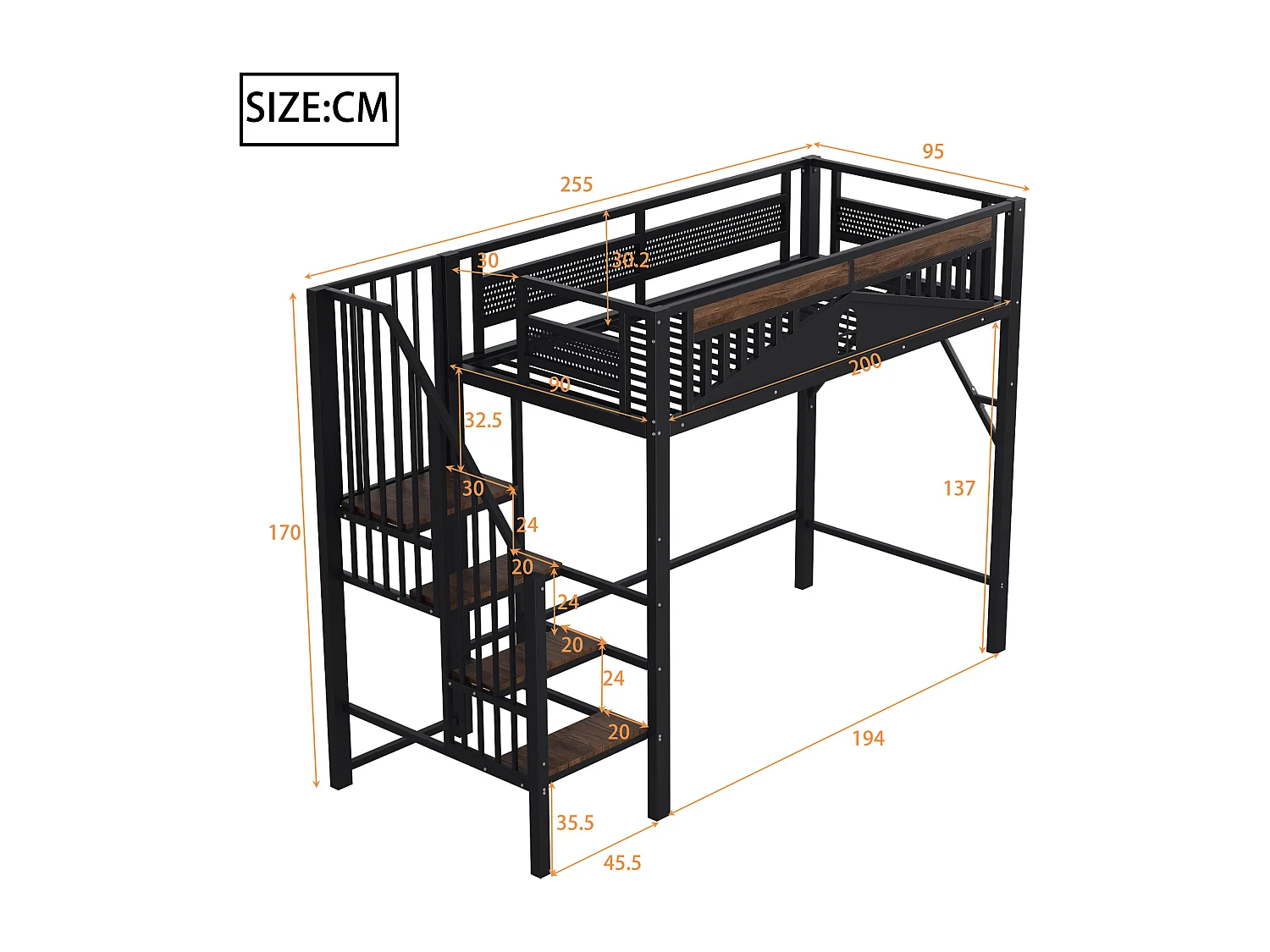 Lit mezzanine 90x200 cm, noir, lit ado avec escalier et garde-corps, structure en métal