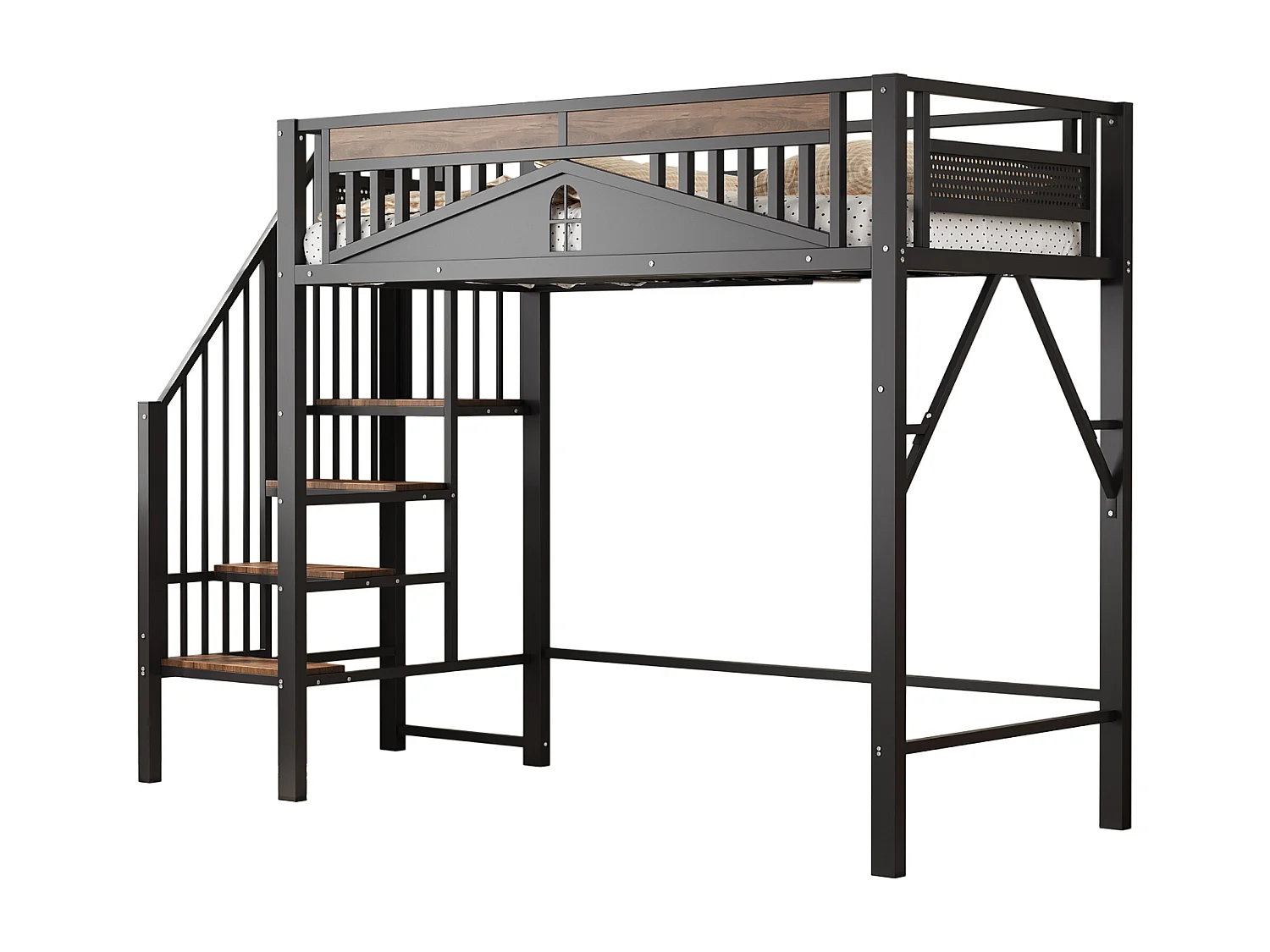 Lit mezzanine 90x200 cm, noir, lit ado avec escalier et garde-corps, structure en métal