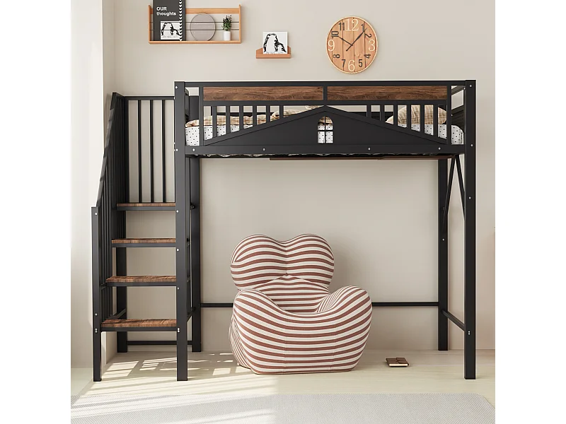 Lit mezzanine 90x200 cm, noir, lit ado avec escalier et garde-corps, structure en métal
