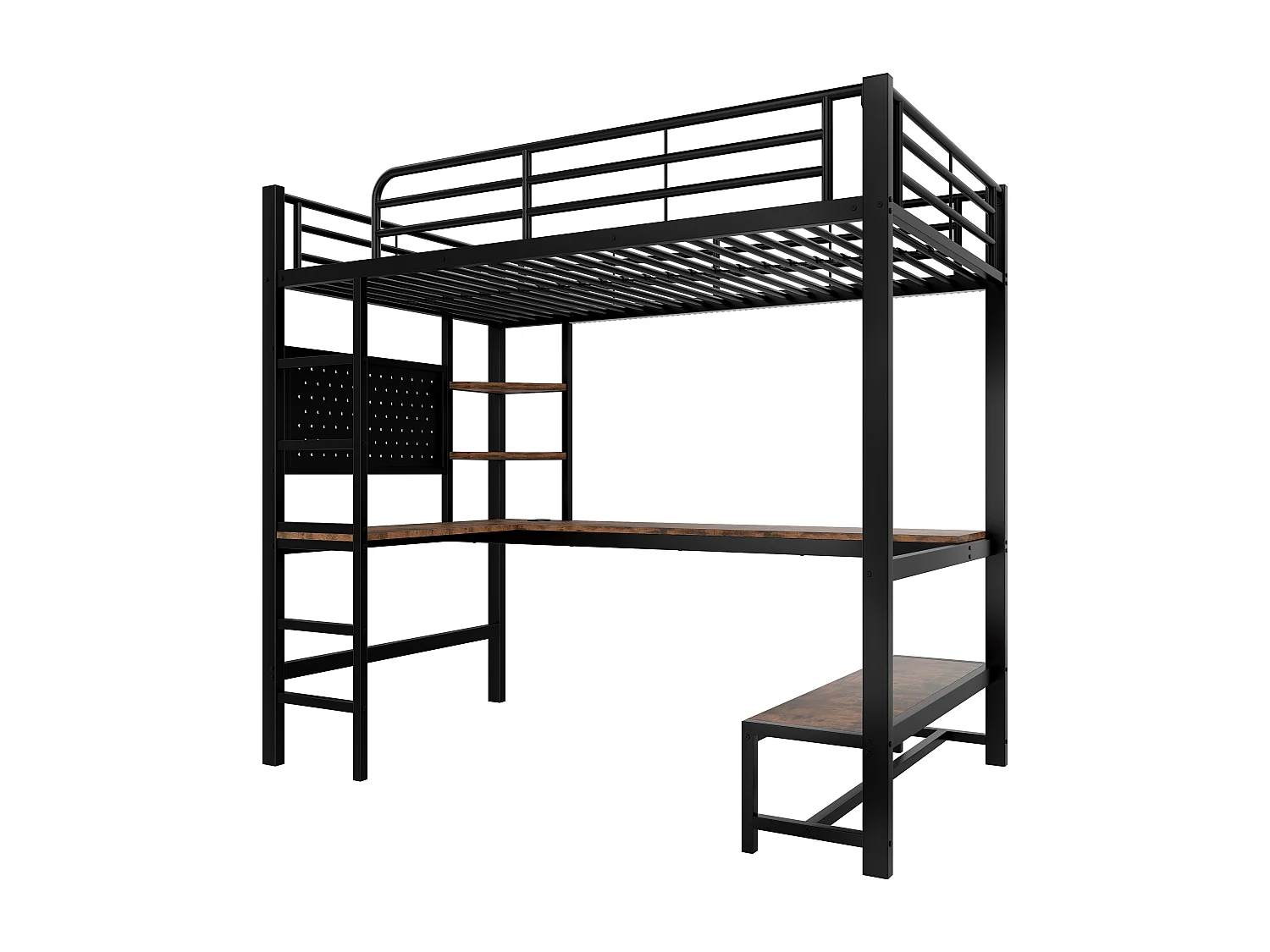 Łóżko antresolowe 90 x 200 cm, łóżko dla dorosłych z biurkiem, portem USB i diodą LED, czarne – bez materaca