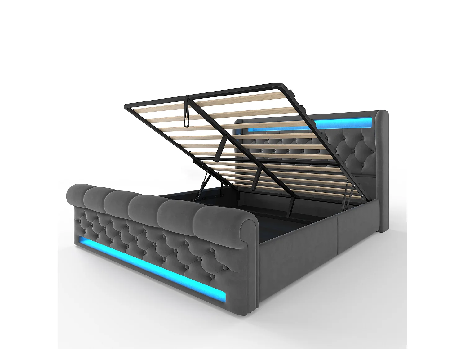 Opbergbed 160x200 cm, grijs fluweel, tweepersoonsbed met ledverlichting en USB-aansluitingen - zonder matras