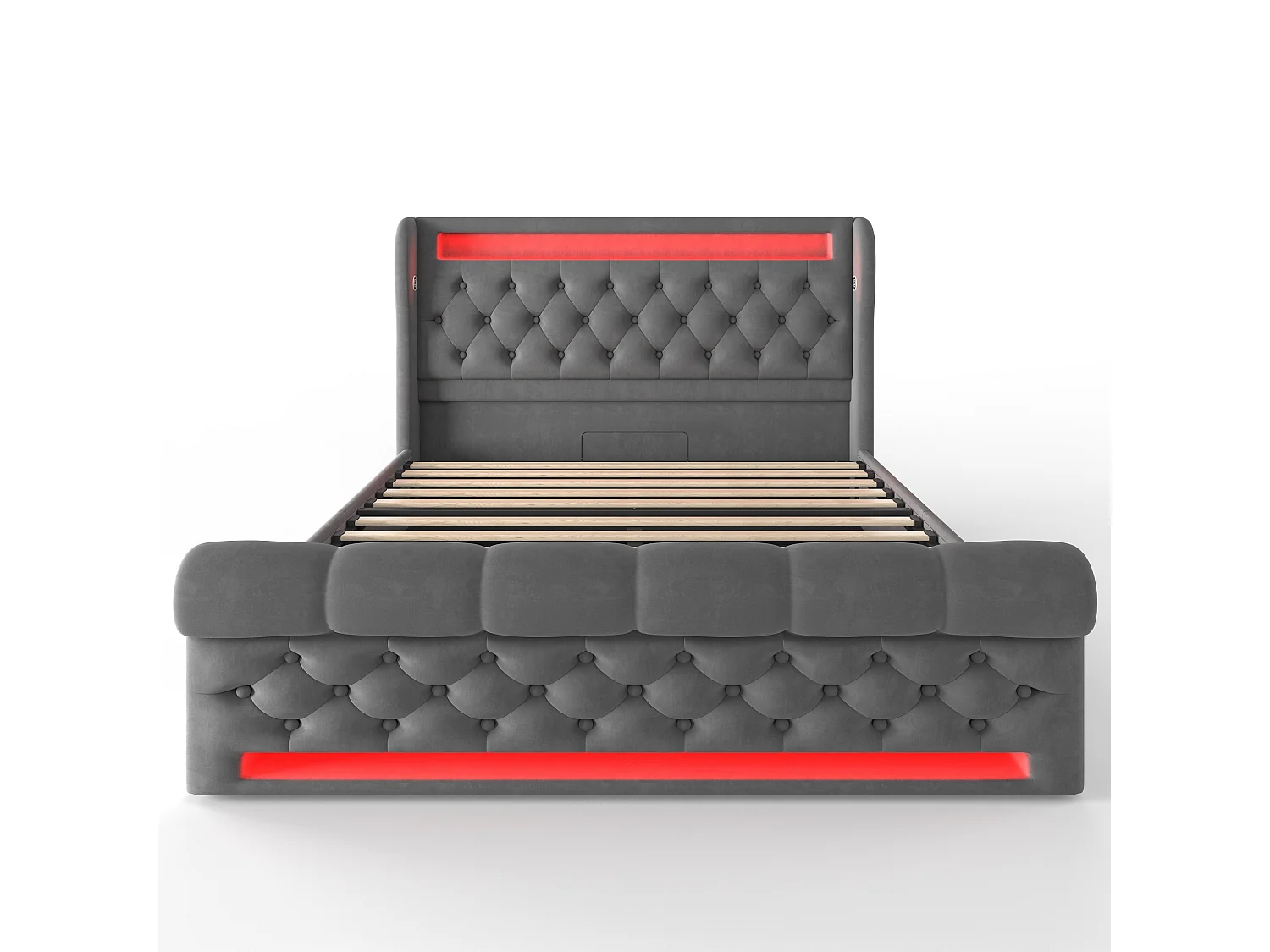 Opbergbed 160x200 cm, grijs fluweel, tweepersoonsbed met ledverlichting en USB-aansluitingen - zonder matras