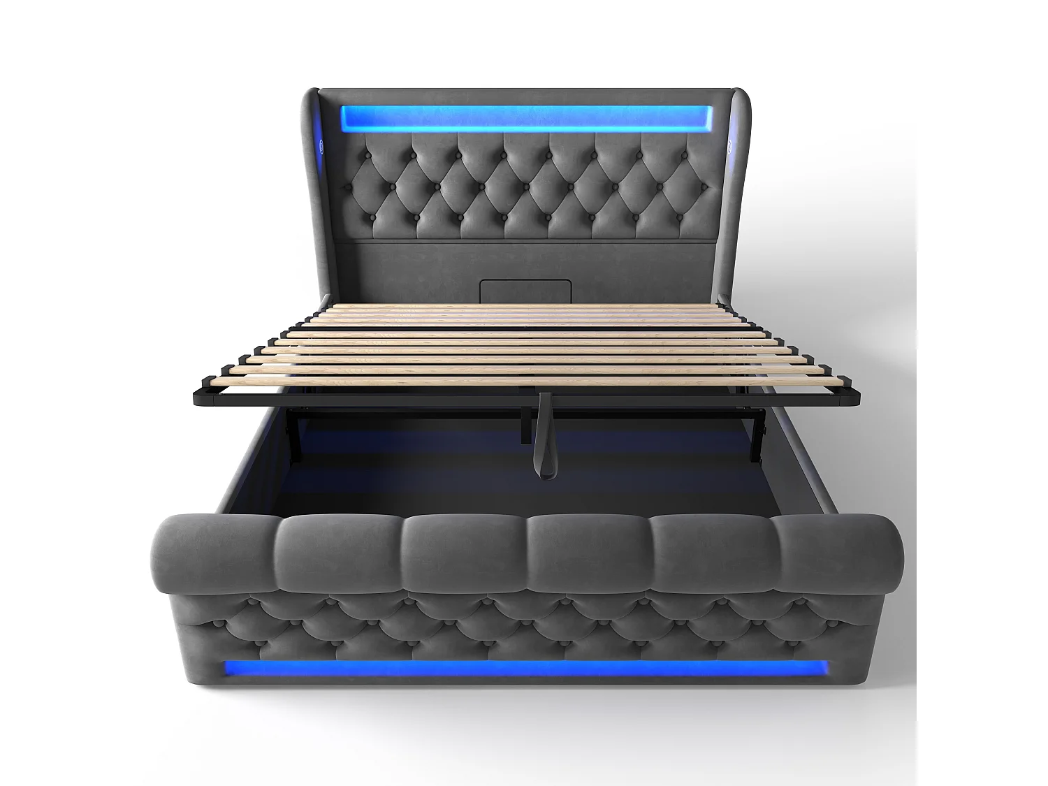 Opbergbed 160x200 cm, grijs fluweel, tweepersoonsbed met ledverlichting en USB-aansluitingen - zonder matras