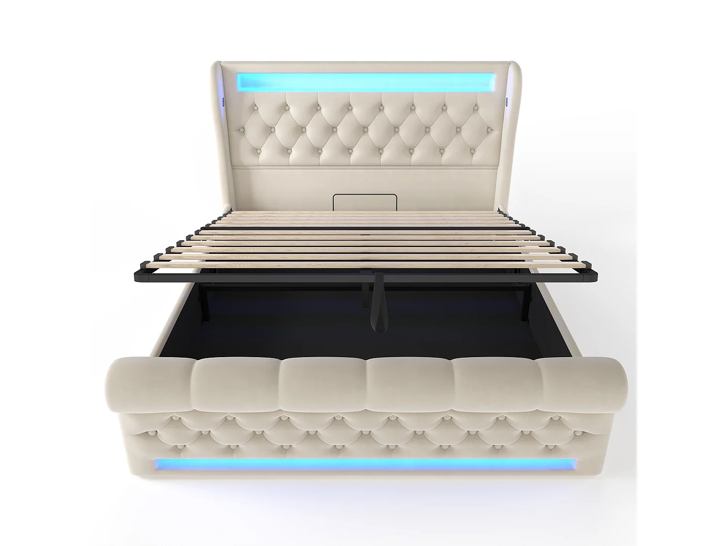 Lit coffre 160x200 cm, velours beige, Lit double avec LED et ports USB - sans matelas