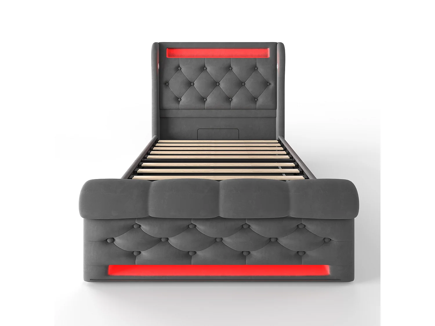 Lit coffre 90x200 cm, velours gris, Lit simple avec lumière LED et ports USB/Type-C - sans matelas