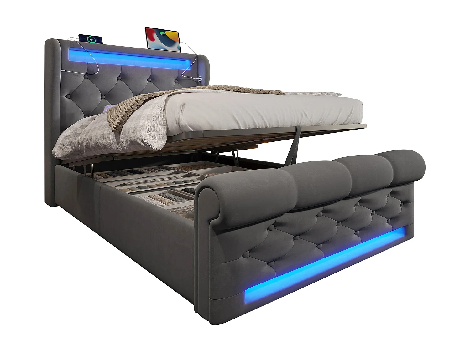 Lit coffre 90x200 cm, velours gris, Lit simple avec lumière LED et ports USB/Type-C - sans matelas